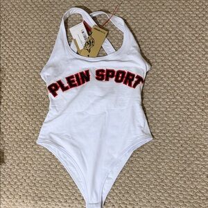 Plein Sport White Bodysuit with Red and Black Logo